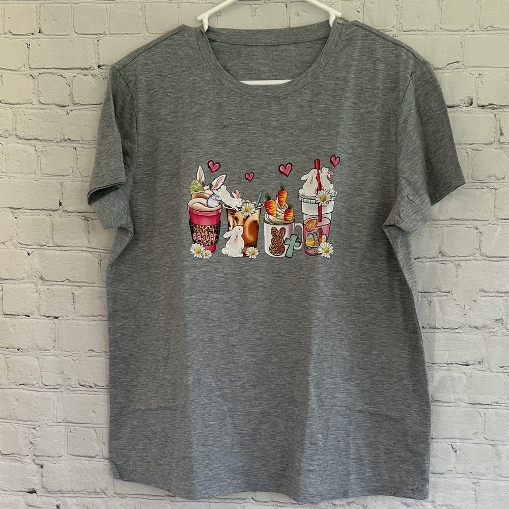 NWT Gray Bunny & Drinks Graphic Tee
